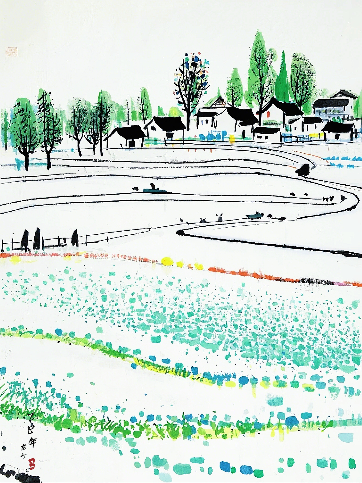 极简水墨晕染,清新田园景致,现代人心中向往的净土#国画# #水墨画