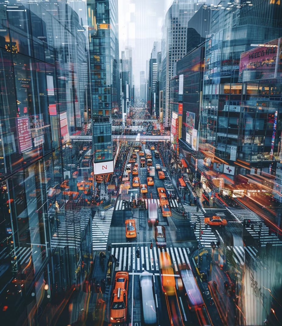 在那繁华都市,街道上车流如河,日夜不息,象征着生活的活力与节奏