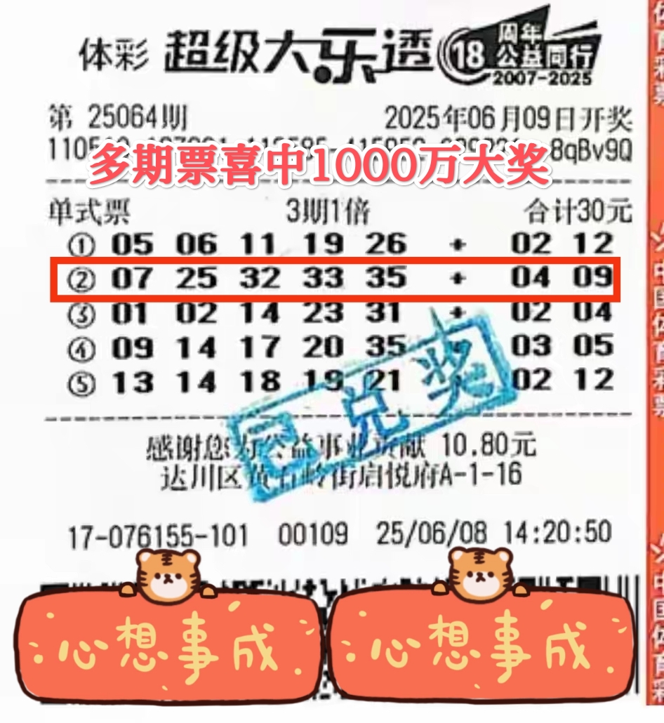 四川彩民多期票喜中大乐透1000万大奖,中奖彩票曝光快乐沾沾喜气!