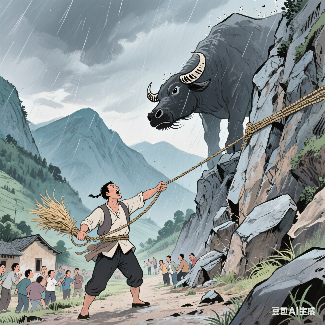 村庄一侧有座高耸的大山,山上怪石嶙峋