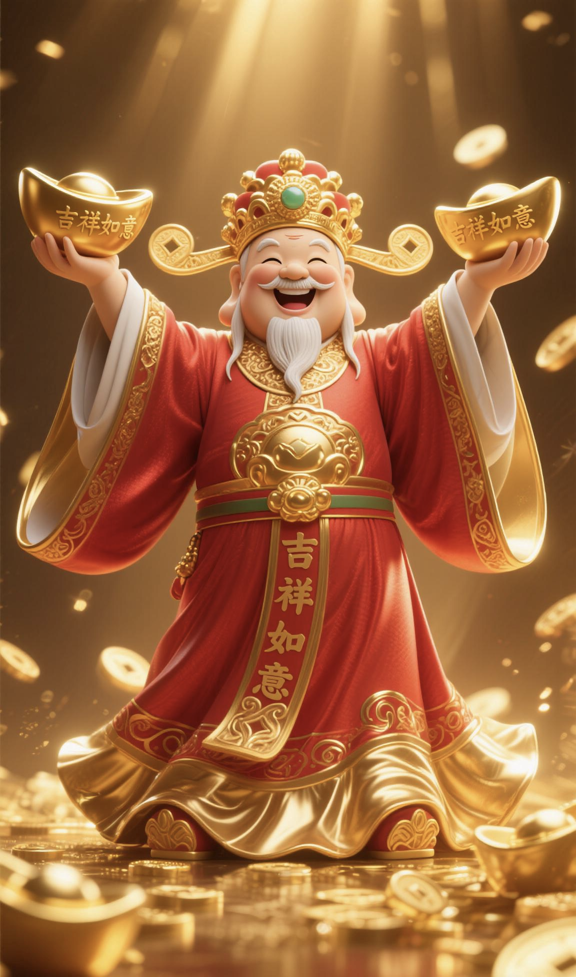 3d黄金色财神壁纸,红装笑颜传递吉祥祝福