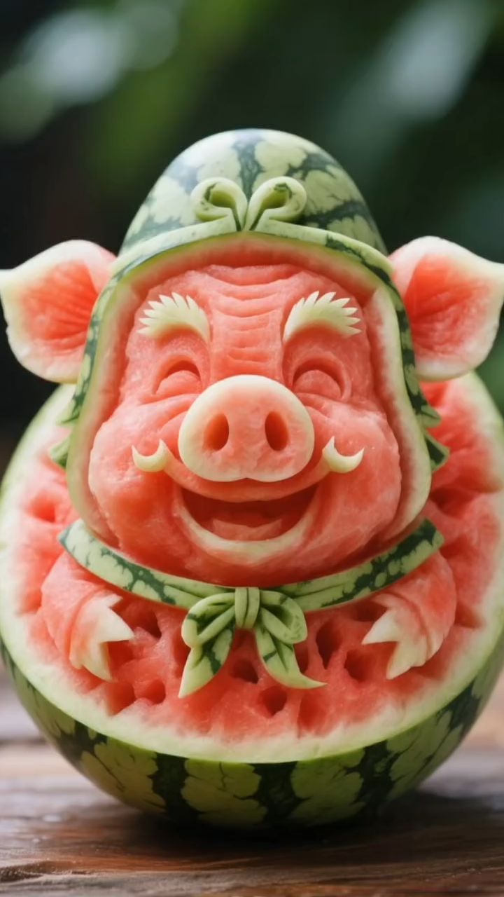 西瓜雕刻的猪八戒,栩栩如生啊!