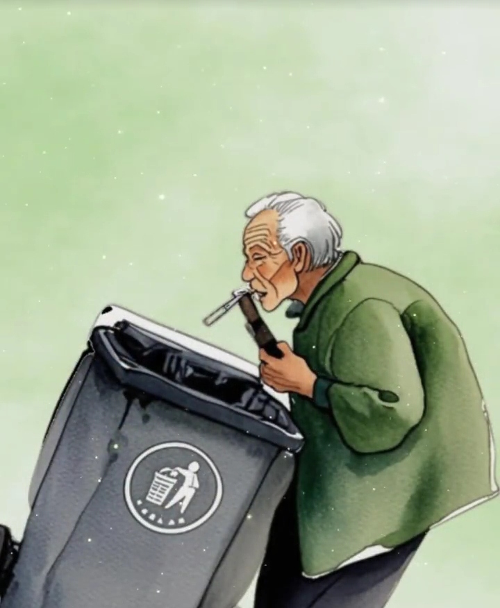 在高铁站,一位拾荒老爷爷,正无奈舔食着垃圾桶里的盒饭