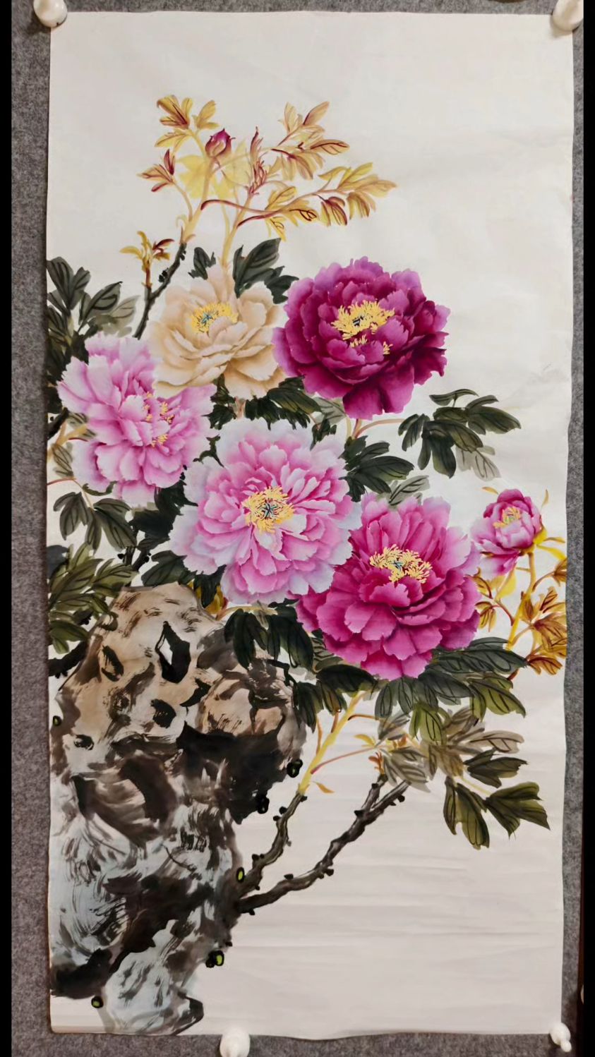三尺牡丹和石头组合构图作品《长寿富贵》