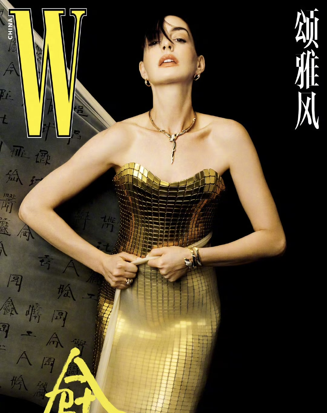 安妮·海瑟薇惊艳亮相w中文版封面从冷艳青蛇到华丽金蛇融合中国