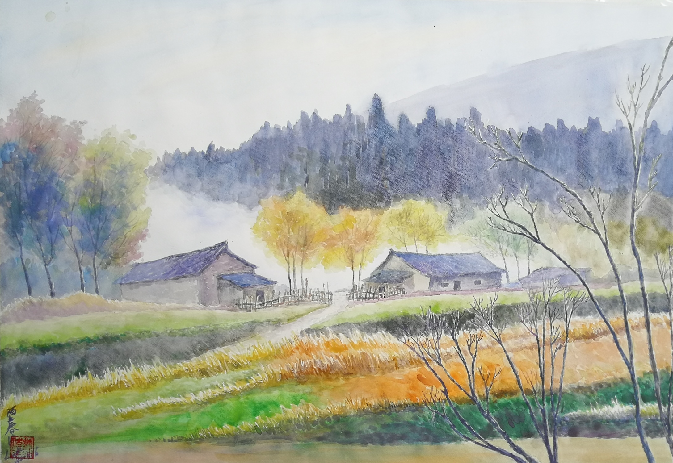 故乡水彩风景画41:《故园秋色》