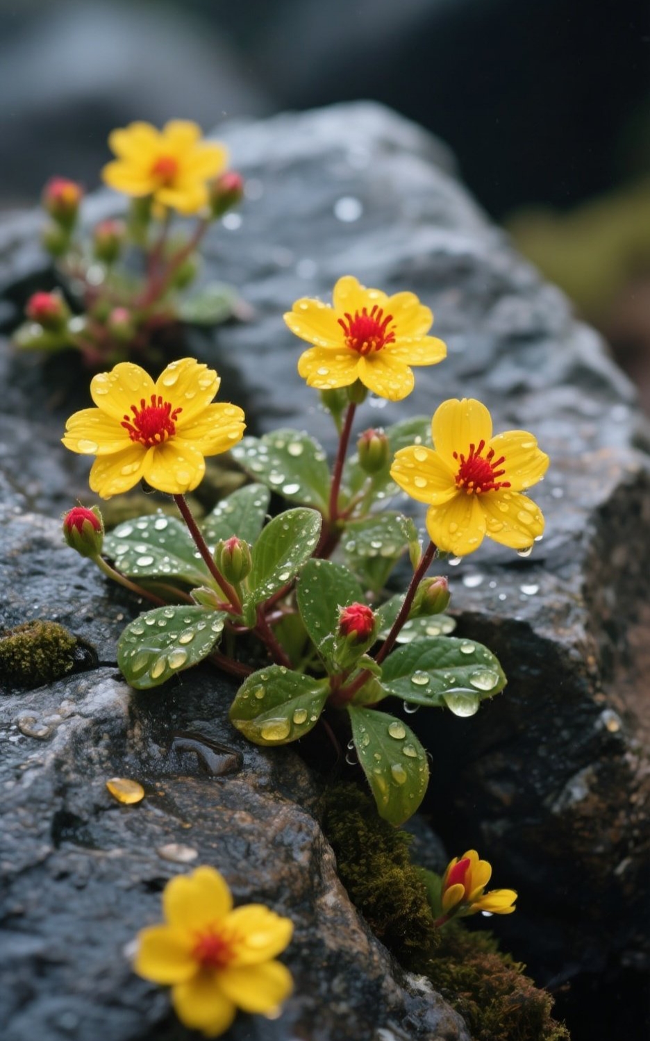 美丽的黄色小花迎风沐雨,在悬崖上默默绽放