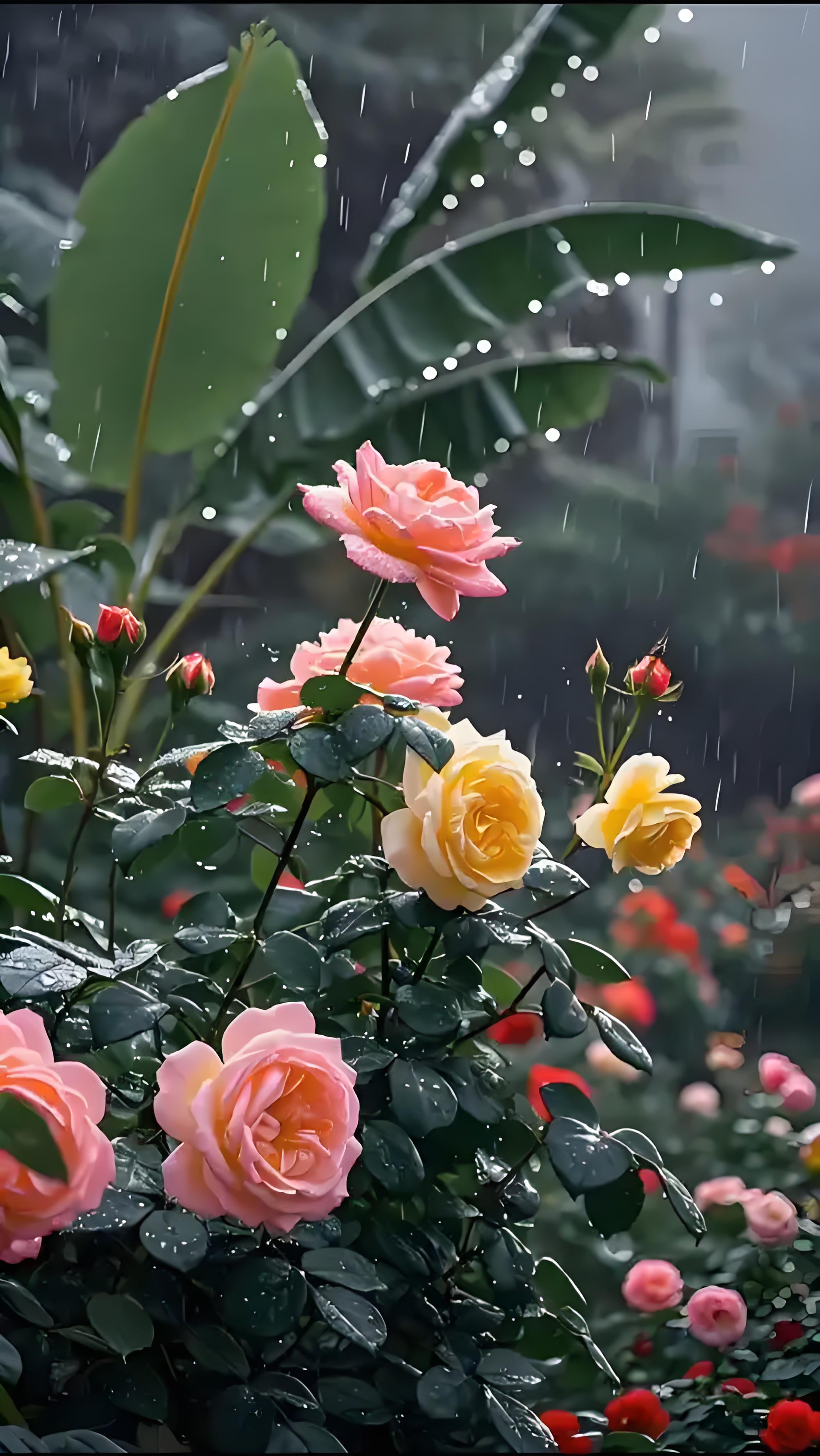 月季在风中轻轻摇摆, 雨水滋润着它们姣好的容颜, 风中夹带着一缕清香
