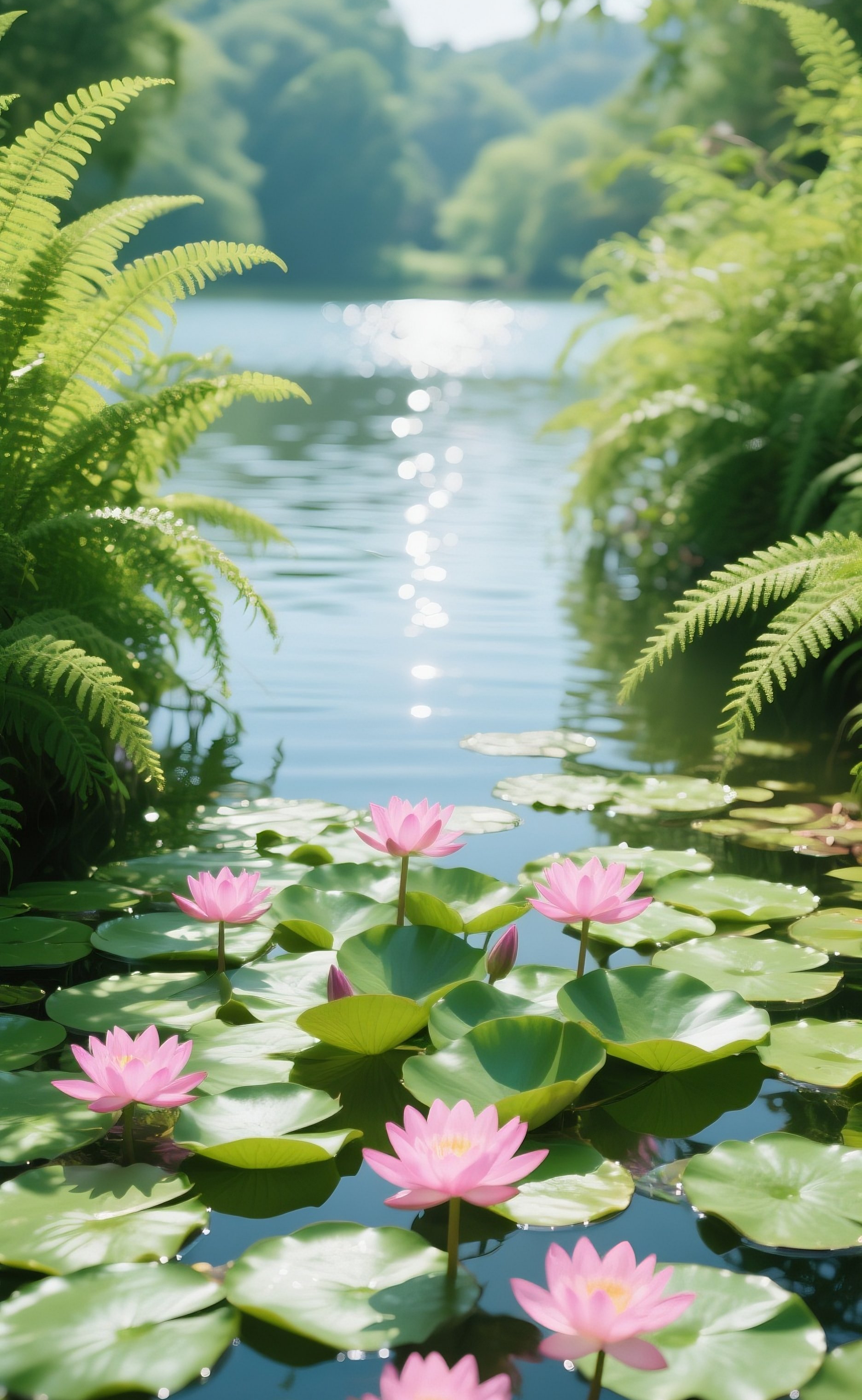 夏日池塘里,粉莲绽于绿盘之间,阳光揉碎在涟漪里,将暑气都浸得几分