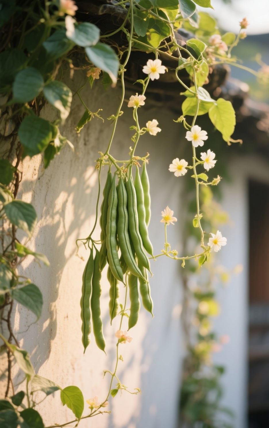记忆似乎回到小时候, 一处矮墙上爬满藤蔓, 上面缀着花儿,挂着豆角