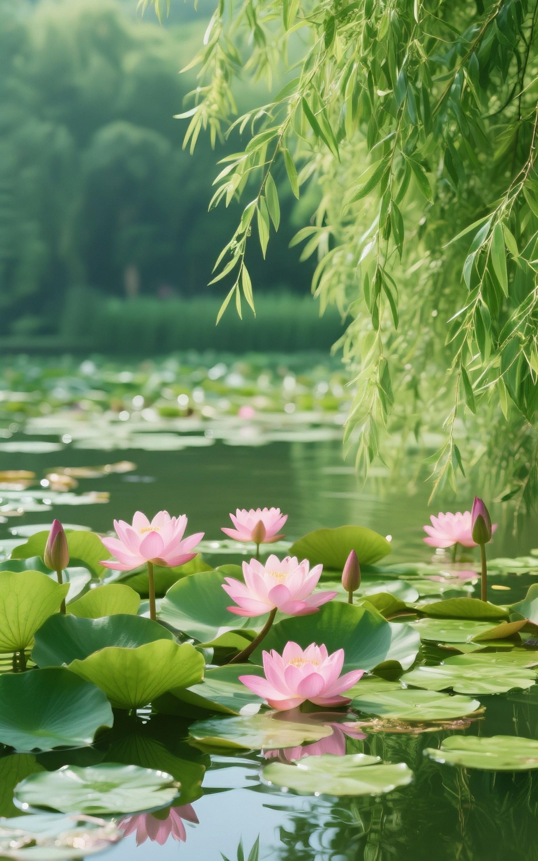 夏日的池塘里,粉荷绽露着娇颜,荷叶如绿伞一样铺展