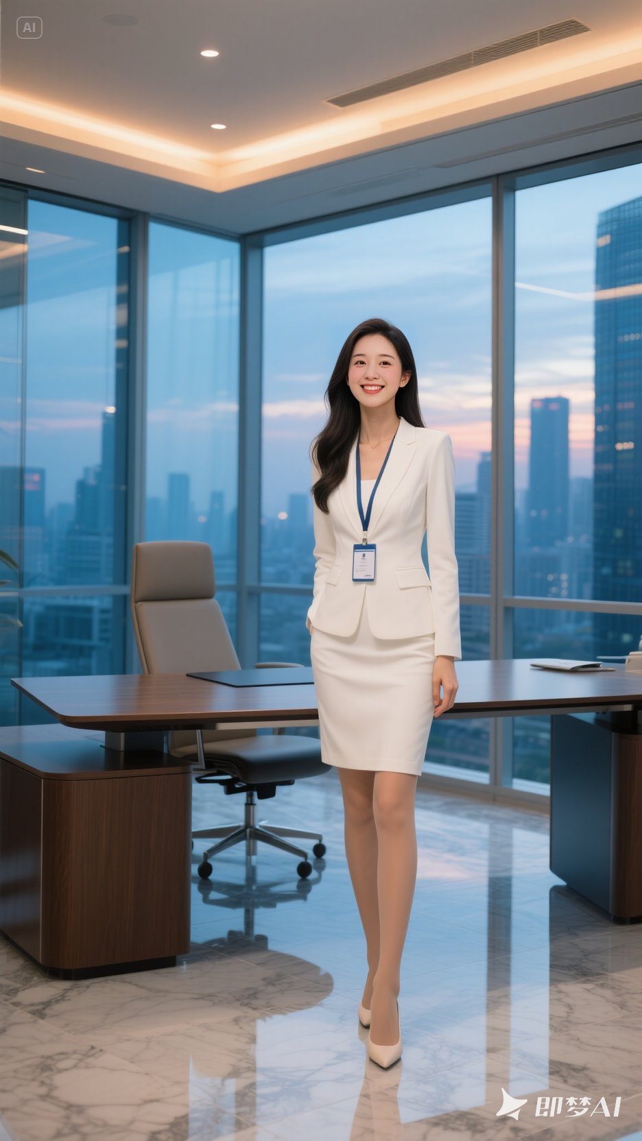 精致长发女性,白色职业装,站总裁办公室,典雅高级