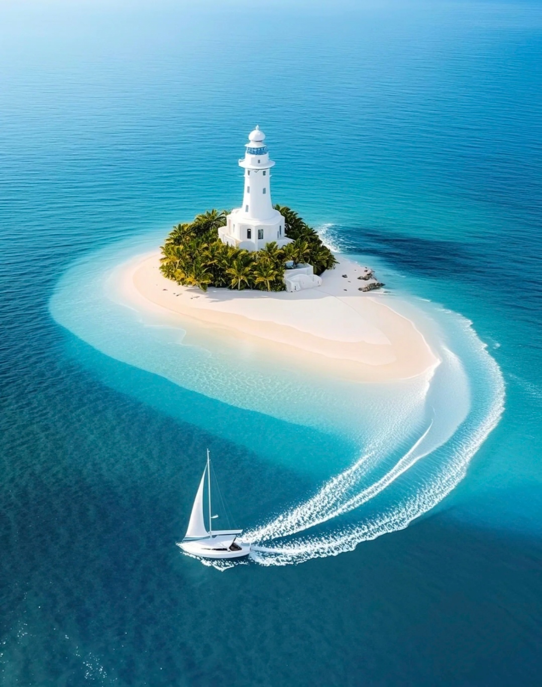 洁白的灯塔如巨人般矗立,守望着无垠的大海