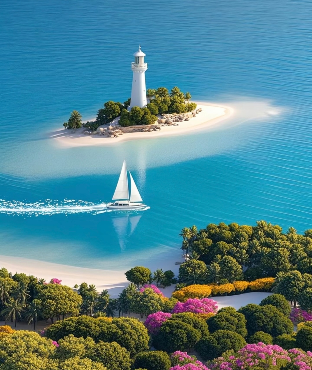 洁白的灯塔如巨人般矗立,守望着无垠的大海