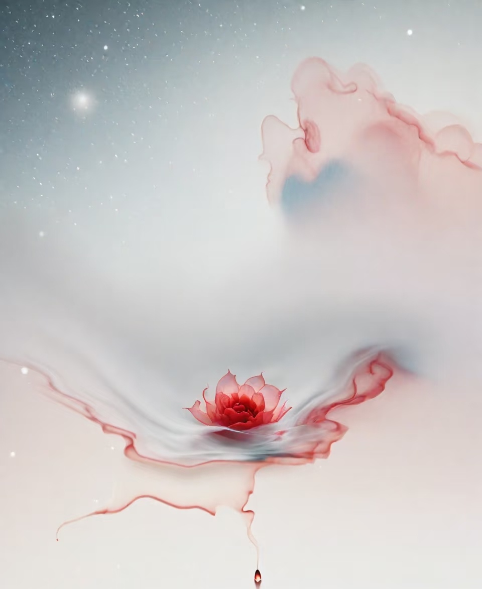 或红或粉的花瓣,于淡雅的背景中静静舒展,与缥缈的墨色,流动的线条