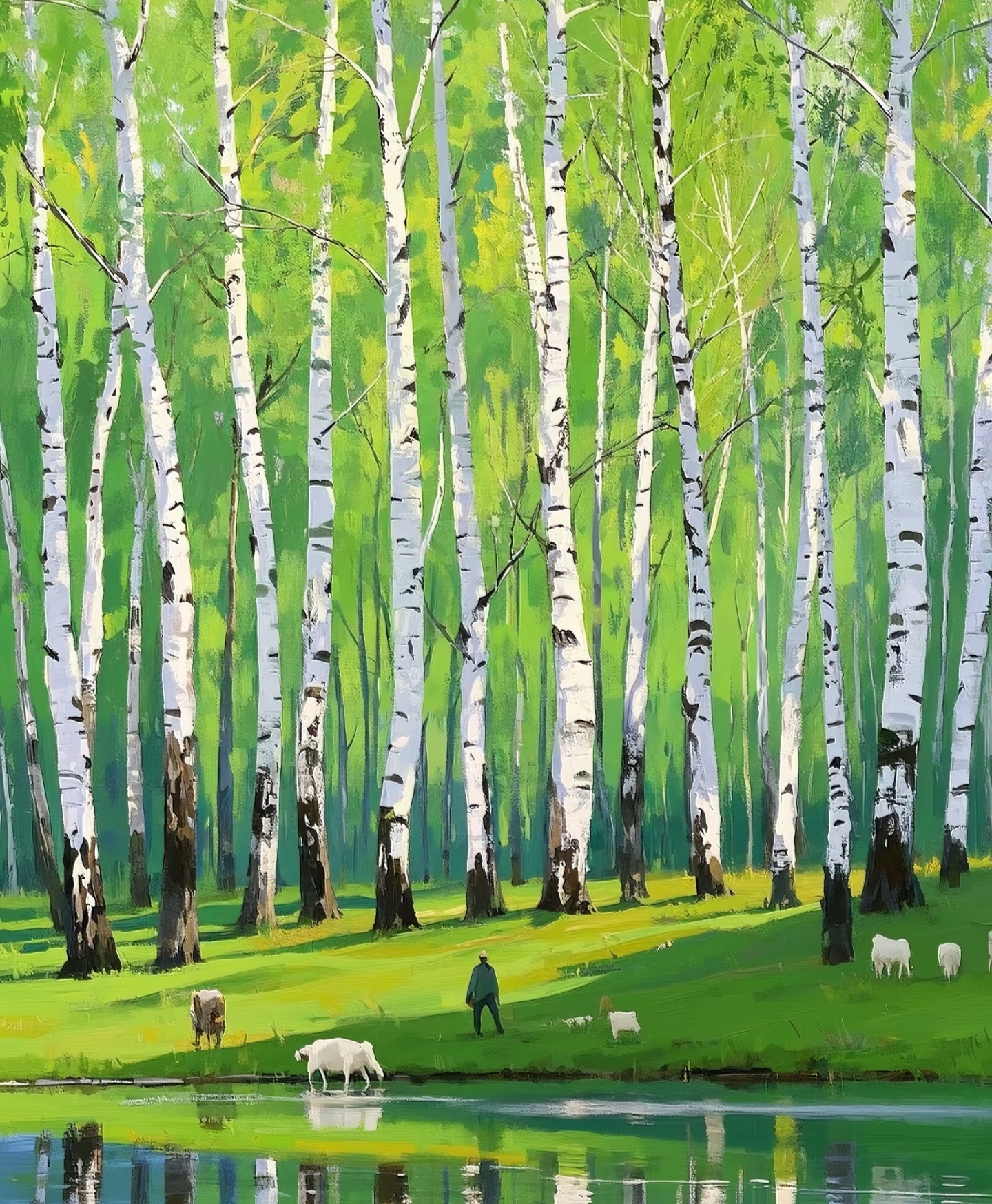这组白桦林油画,直接把"夏日森林治愈感"拉满 阳光穿过枝叶洒在草地上