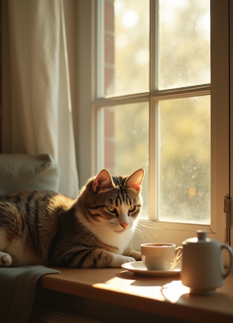 清晨小记 · 一人一猫一早餐 今天起得早,窗外的阳光刚好铺满窗台