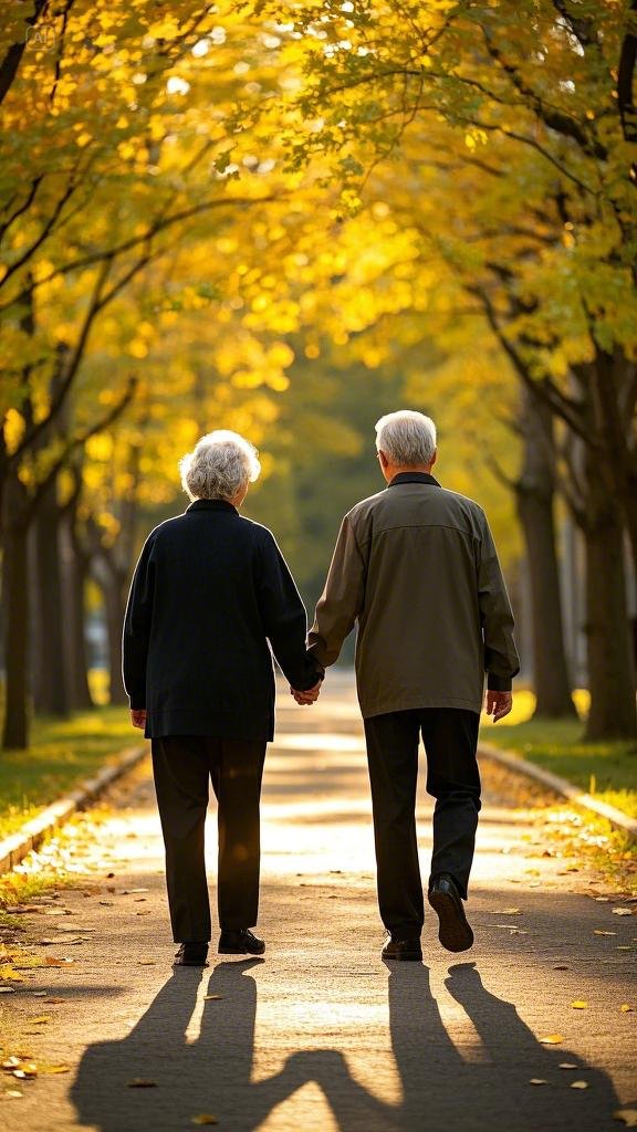 一对白发苍苍的老人,手牵着手漫步在夕阳下的公园小径,背影被拉得很长