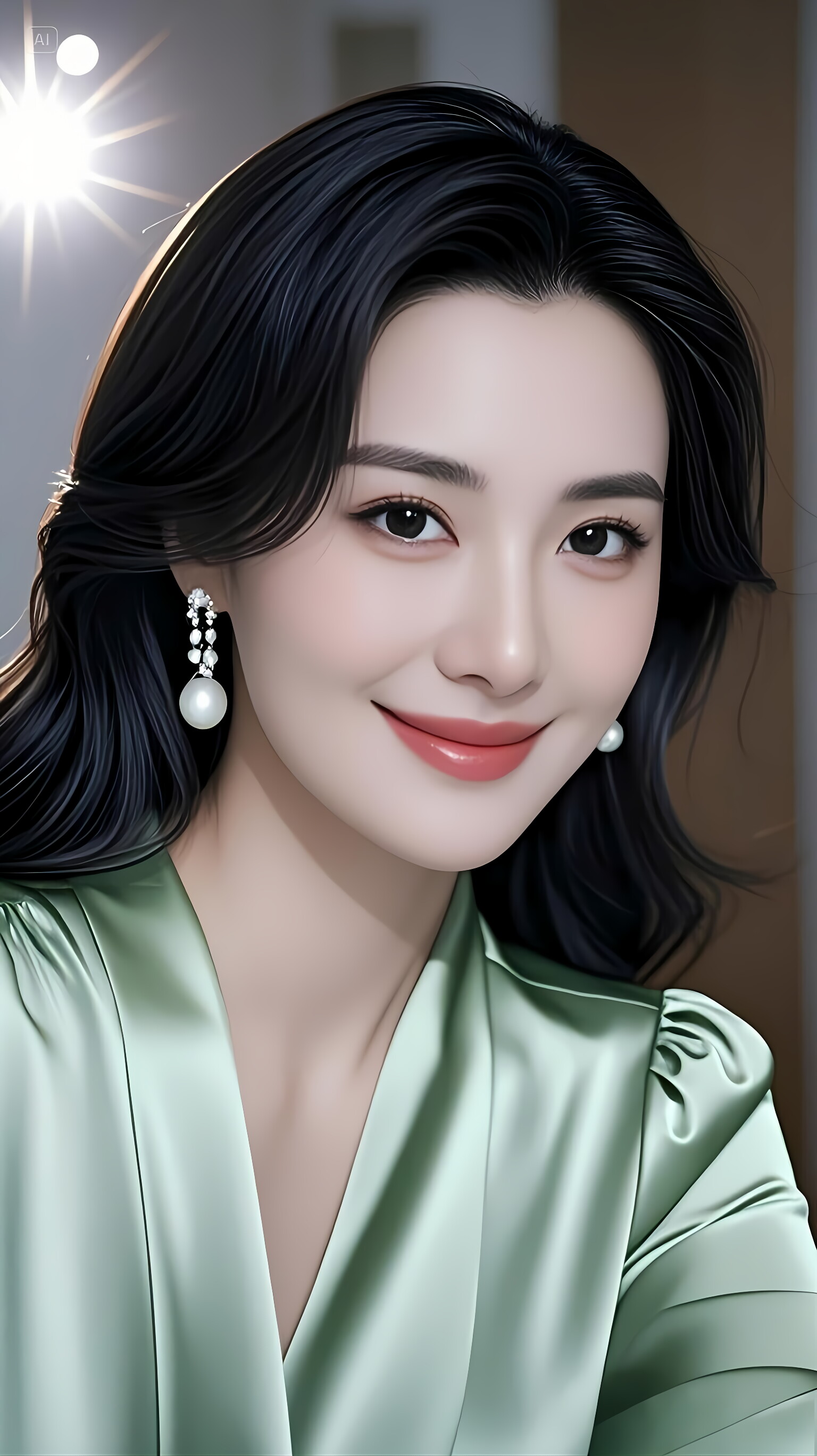乌丝柔婉流光绕. 绿绸轻裹娇姿俏. 珠饰坠玲珑. 清颜绽丽容
