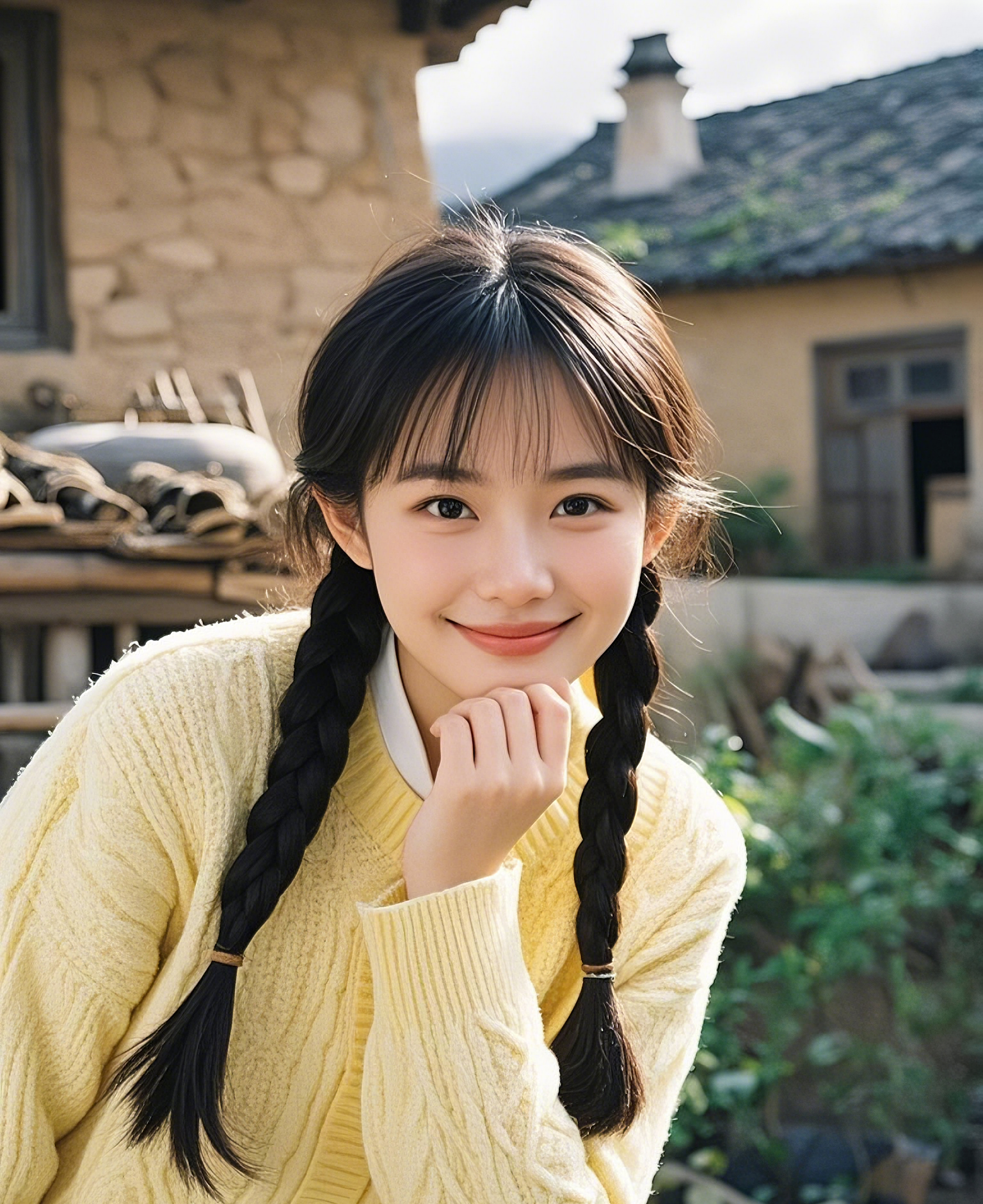 村间娇媛,双辫青丝绾.黄袄素裳姿容婉,笑意暖融心坎