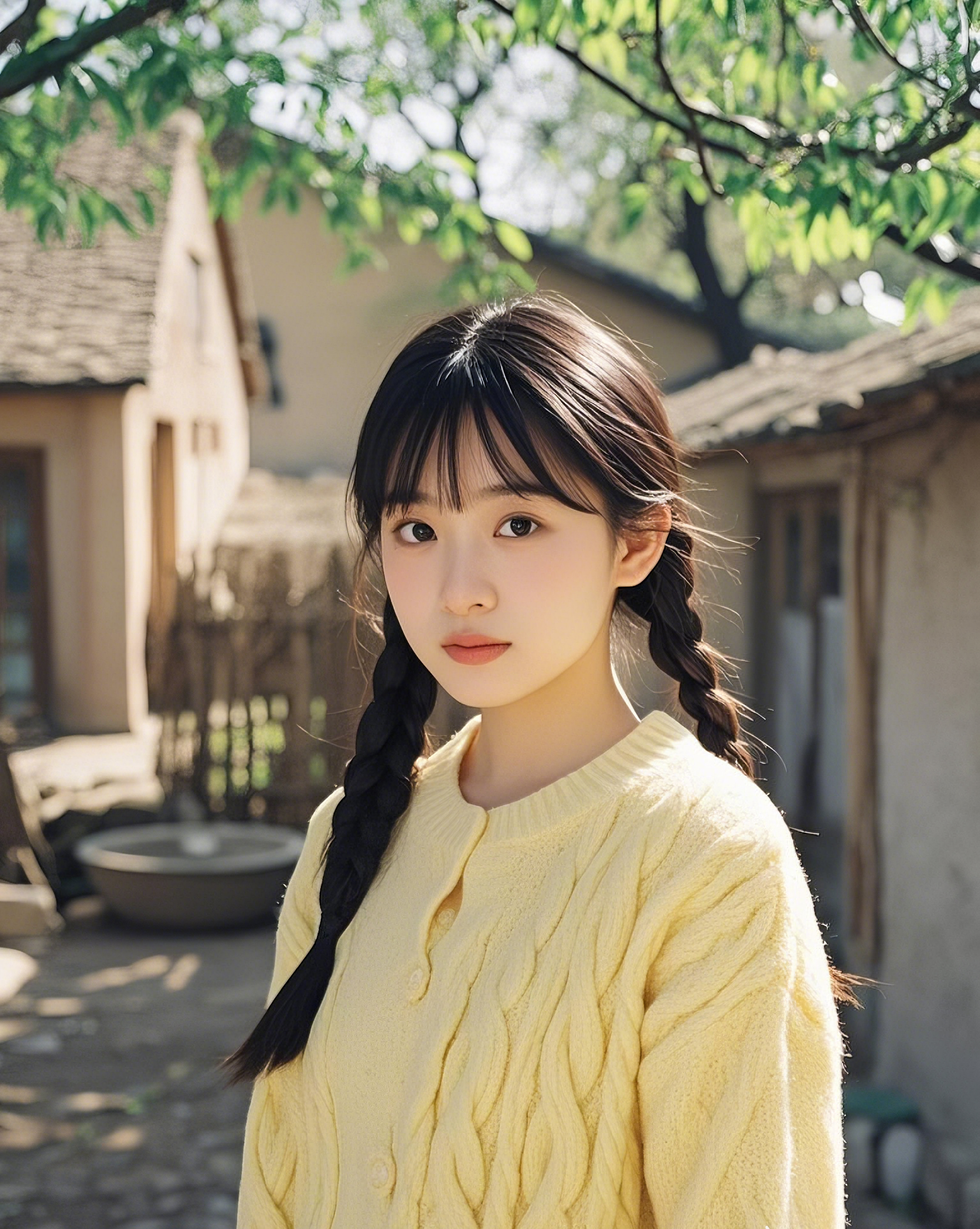 村间娇媛,双辫青丝绾.黄袄素裳姿容婉,笑意暖融心坎