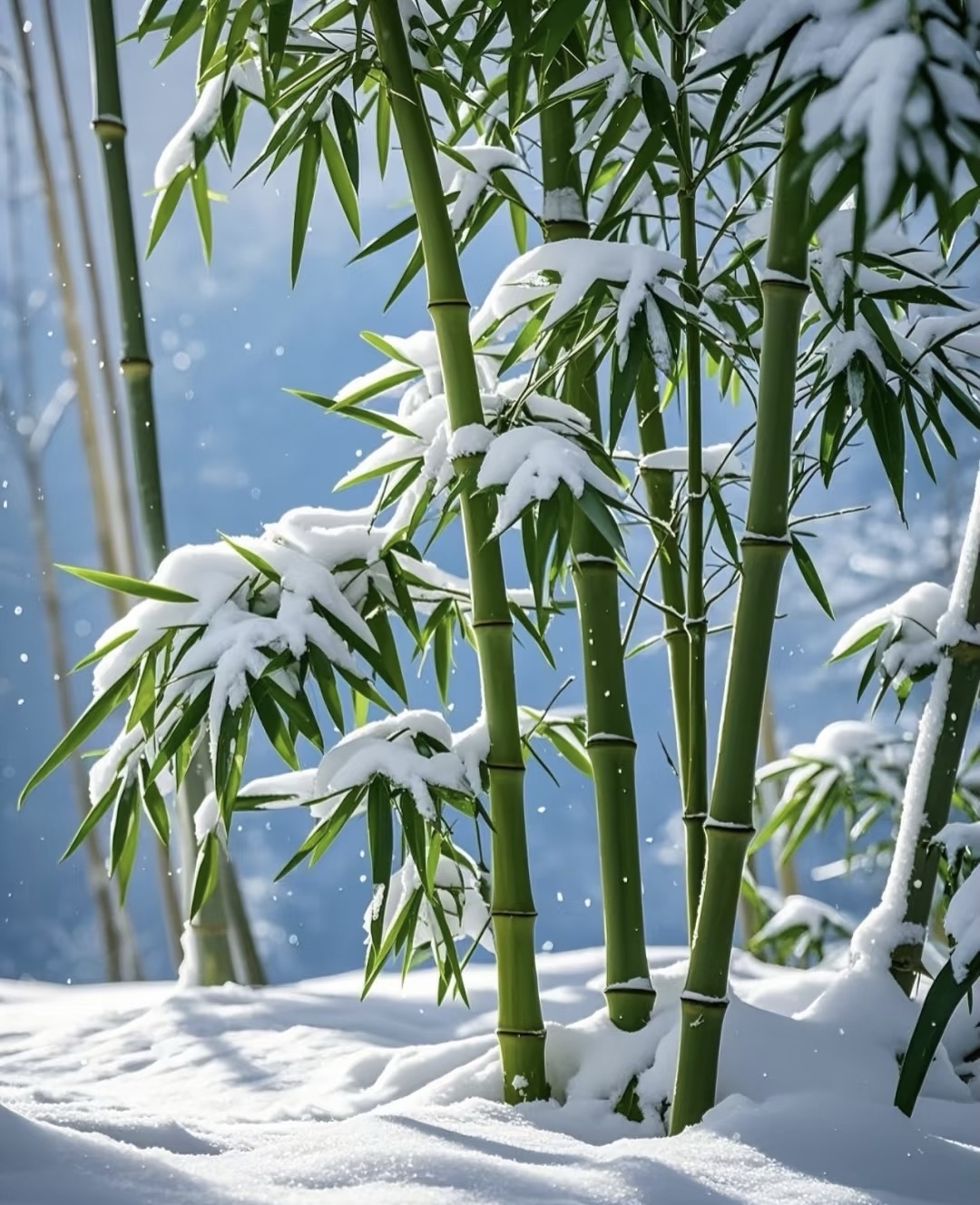 竹影婆娑雪落枝头冬日的宁静与美好在此刻悄然绽放