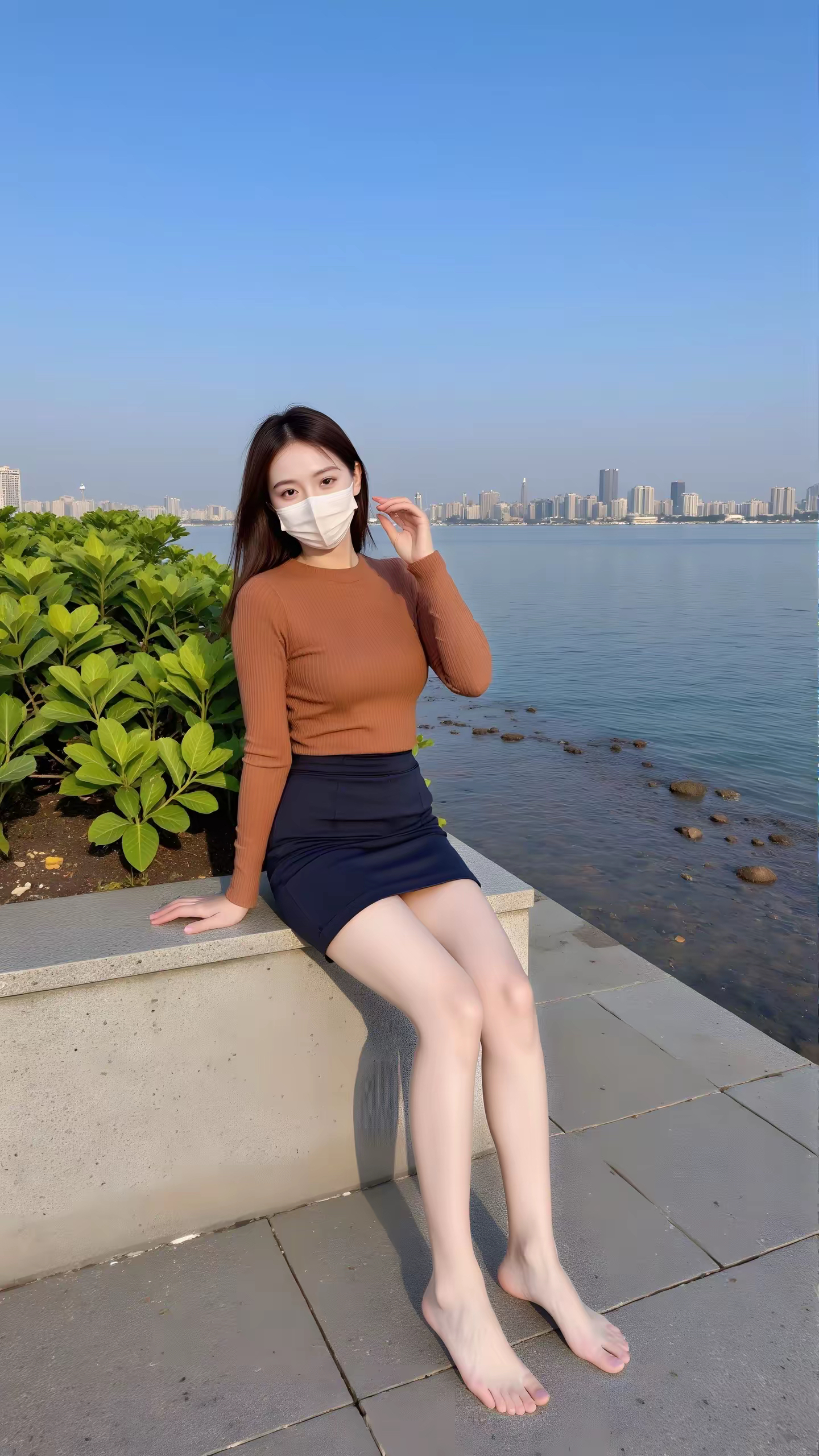 她身着棕色上衣和深蓝色短裙,脚裸裸露,显得随性而自在