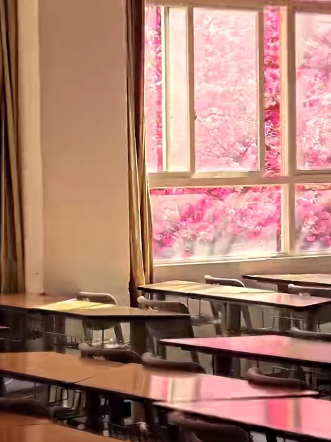 近日,有网友称云南昆明一学校教室外樱花盛开,鲜艳的樱花装饰了教室的