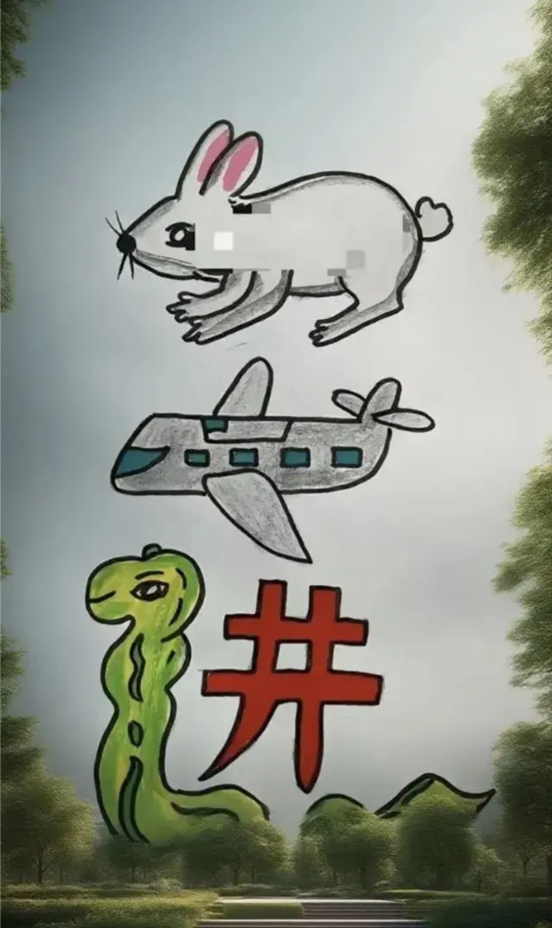 这画的好抽象啊,图有只兔子,一架飞机,一条蛇,还有个"井"字,打一成语!