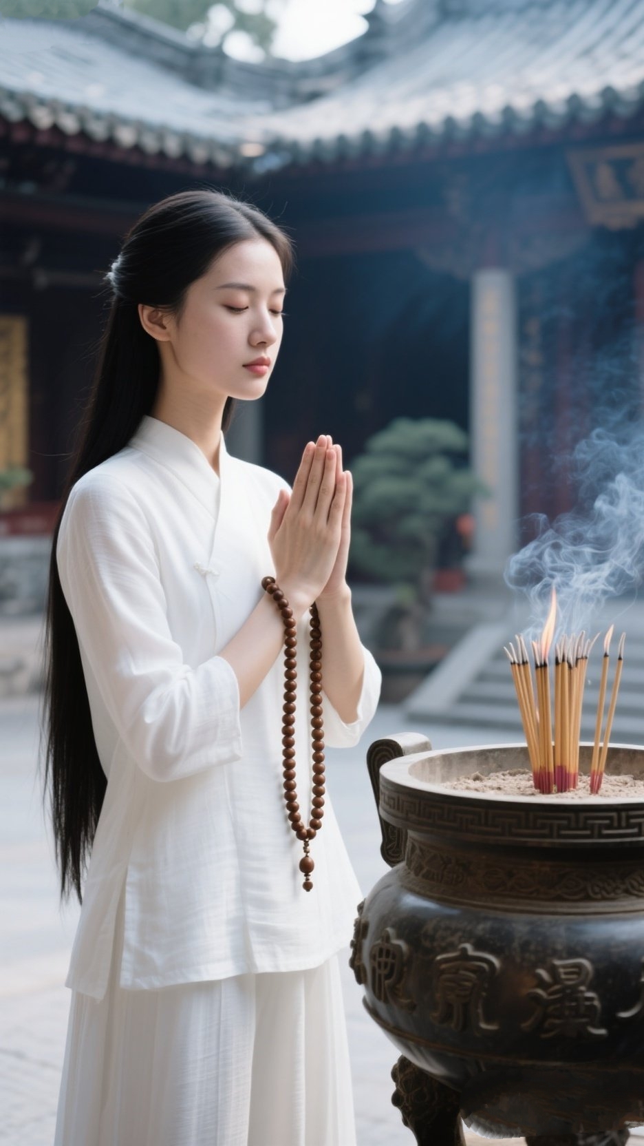 一袭素白套装勾勒出纤细身形,长直发如墨瀑垂落,在