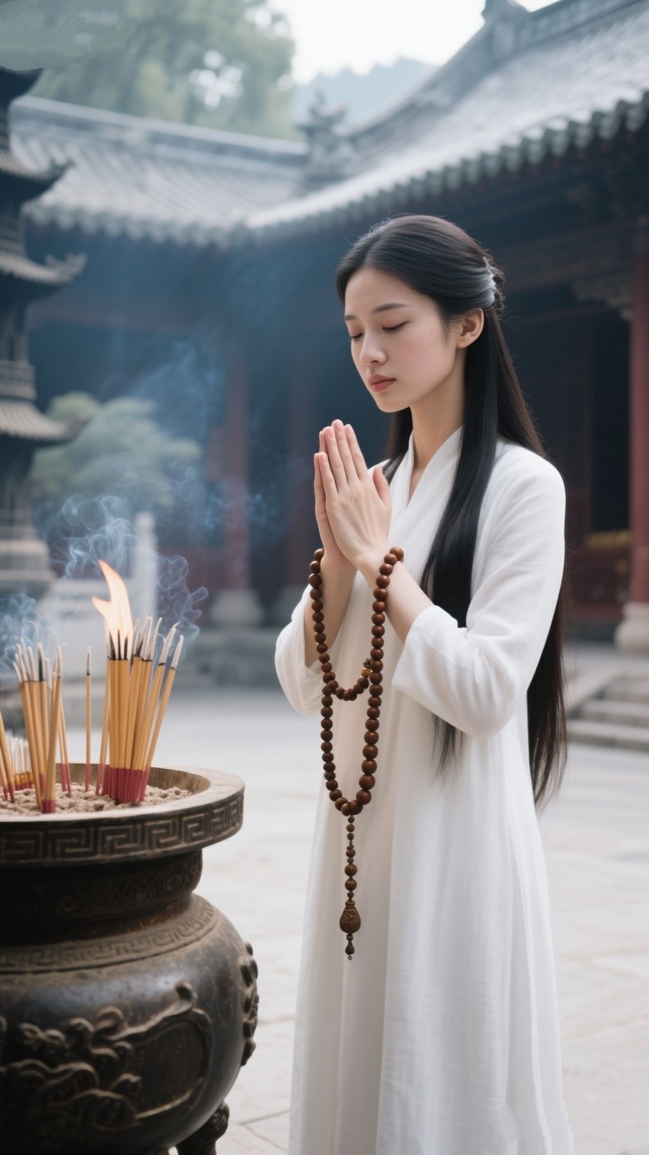 一袭素白套装勾勒出纤细身形,长直发如墨瀑垂落,在