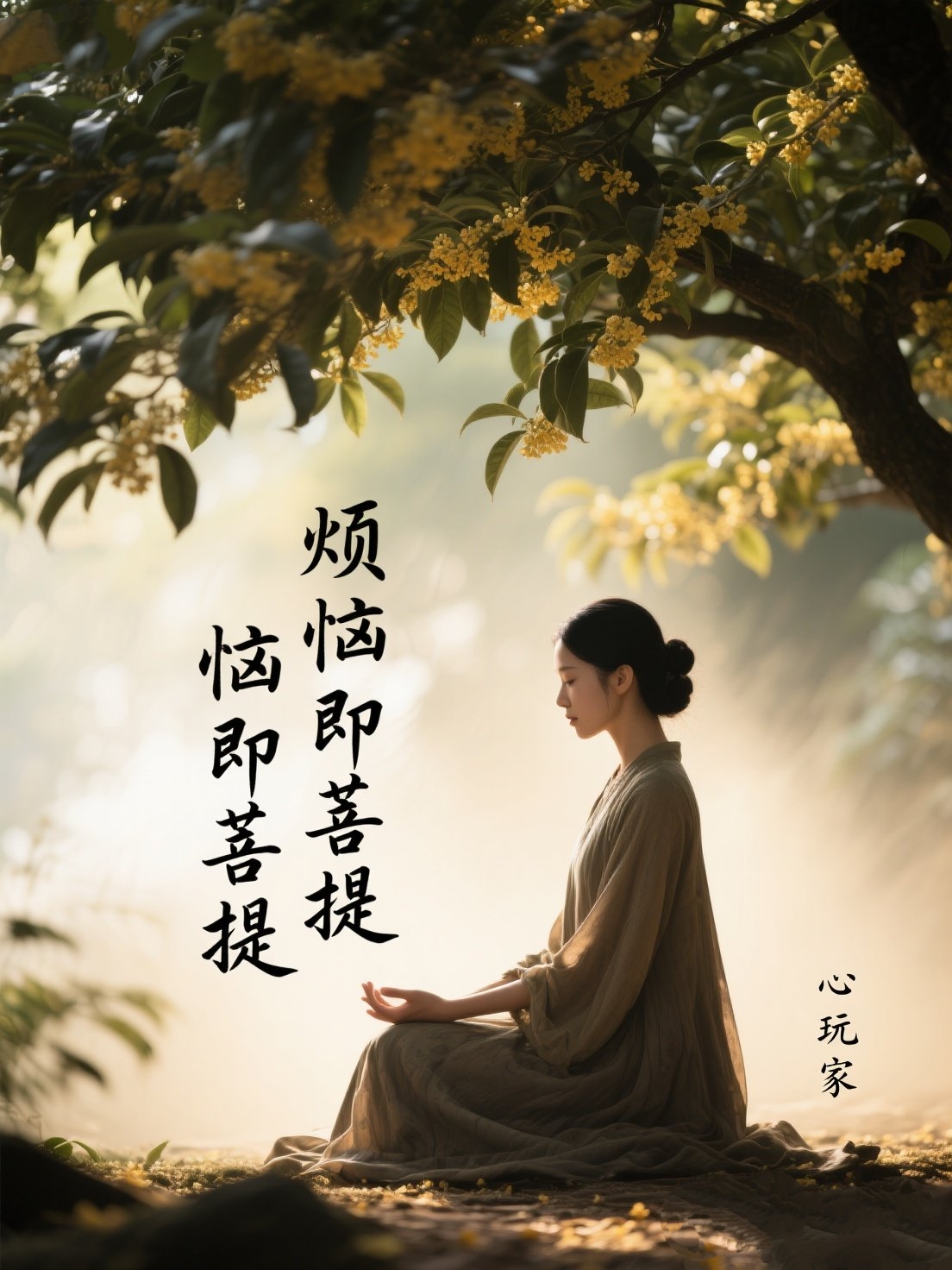 一袭月白襦裙的女子静坐于斑驳树影下,衣袂染着桂子的清苦甜香,腕间