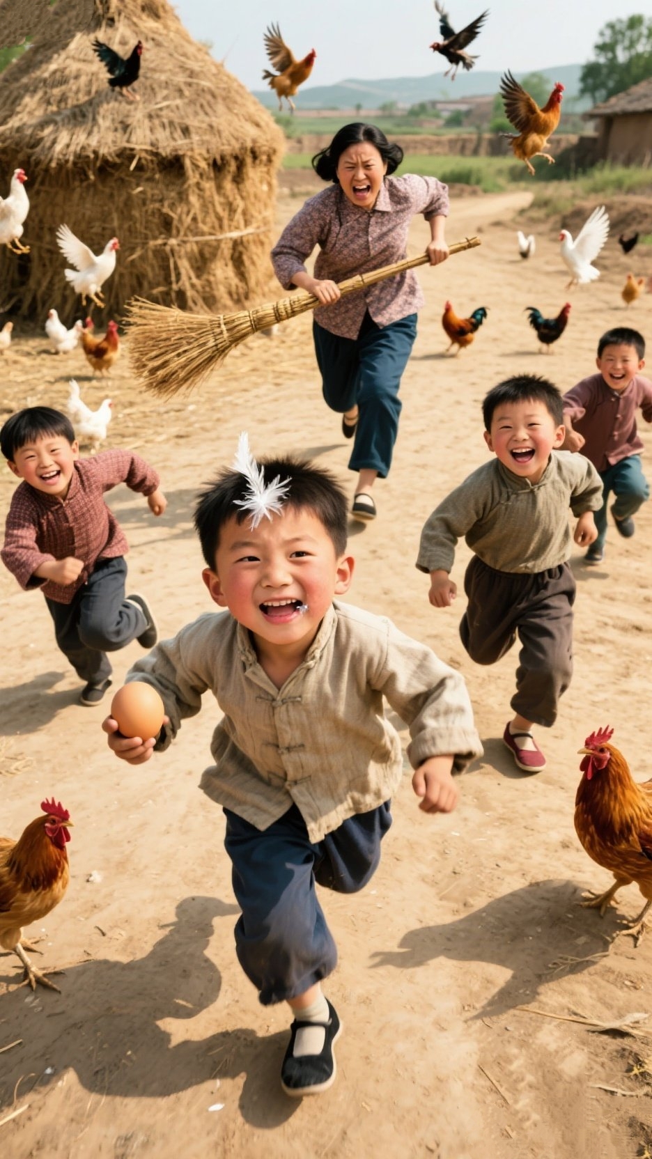 草垛旁突然炸开一阵慌乱,几个孩子撒丫子狂奔,身后