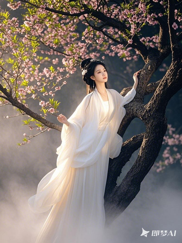 仙气飘飘的白衣女子站在桃花树上