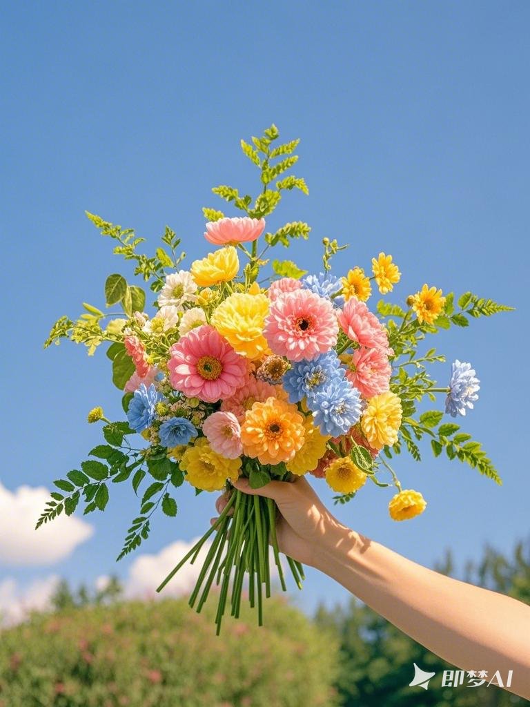 手举一束大束五颜六色的花儿,整齐,背景夏日的天空,阳光明媚,温暖治愈