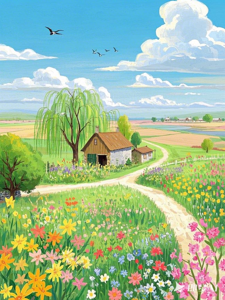 插画,春天,鸟语花香的农村画卷,五彩缤纷的花草沿着小路盛开,土建筑