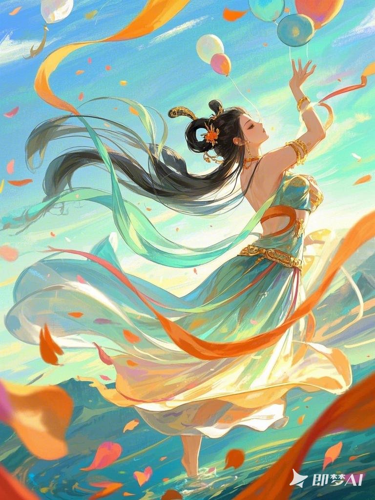 人物设计,插画手绘,跳舞的古代服装敦煌女性,水粉折光,塑料反光,文创