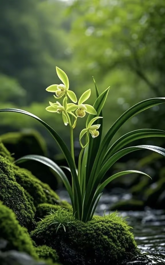 野外的兰花悄然盛放,修长叶片如翠带轻垂,淡雅花瓣似玉雕琢