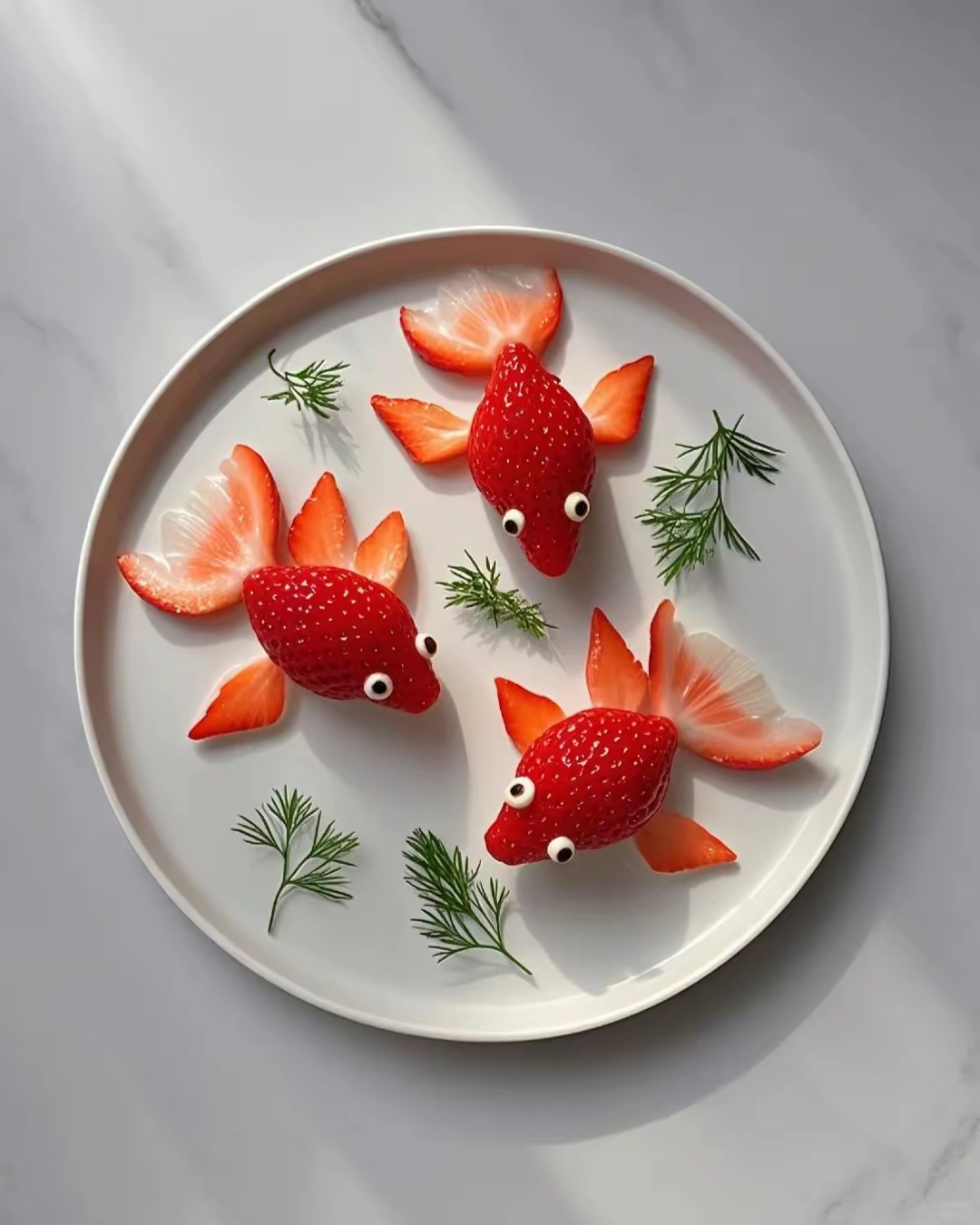 草莓拼成灵动鱼儿,寓意如鱼得水,再点缀胡萝卜雕花,年年有余的美好