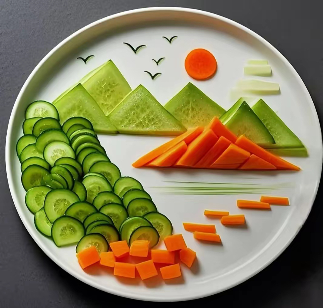 红萝卜切片成烂漫繁花,三者奇妙组合,摆盘满是艺术巧思