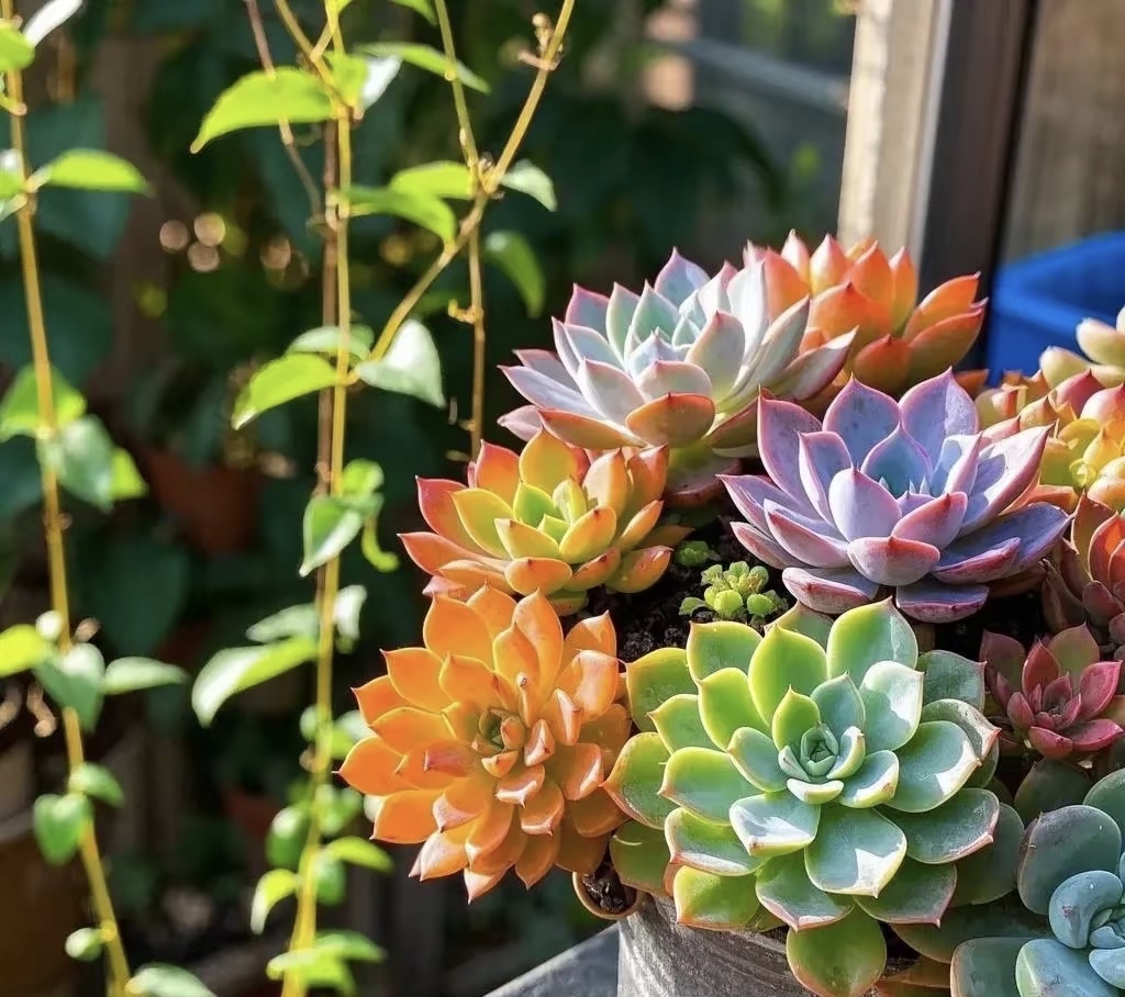 这组多肉,恰似天边彩虹降落人间,五彩斑斓的模样满是温暖活力