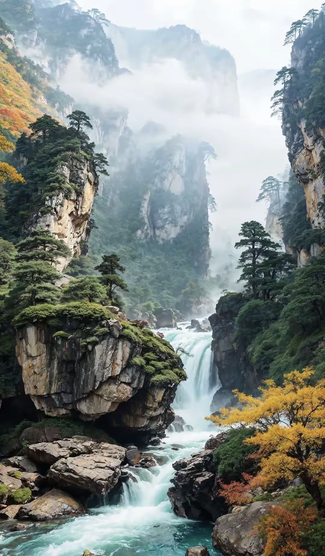 山间瀑布如银绸自苍穹倾泻撞向嶙峋怪石碎玉飞溅
