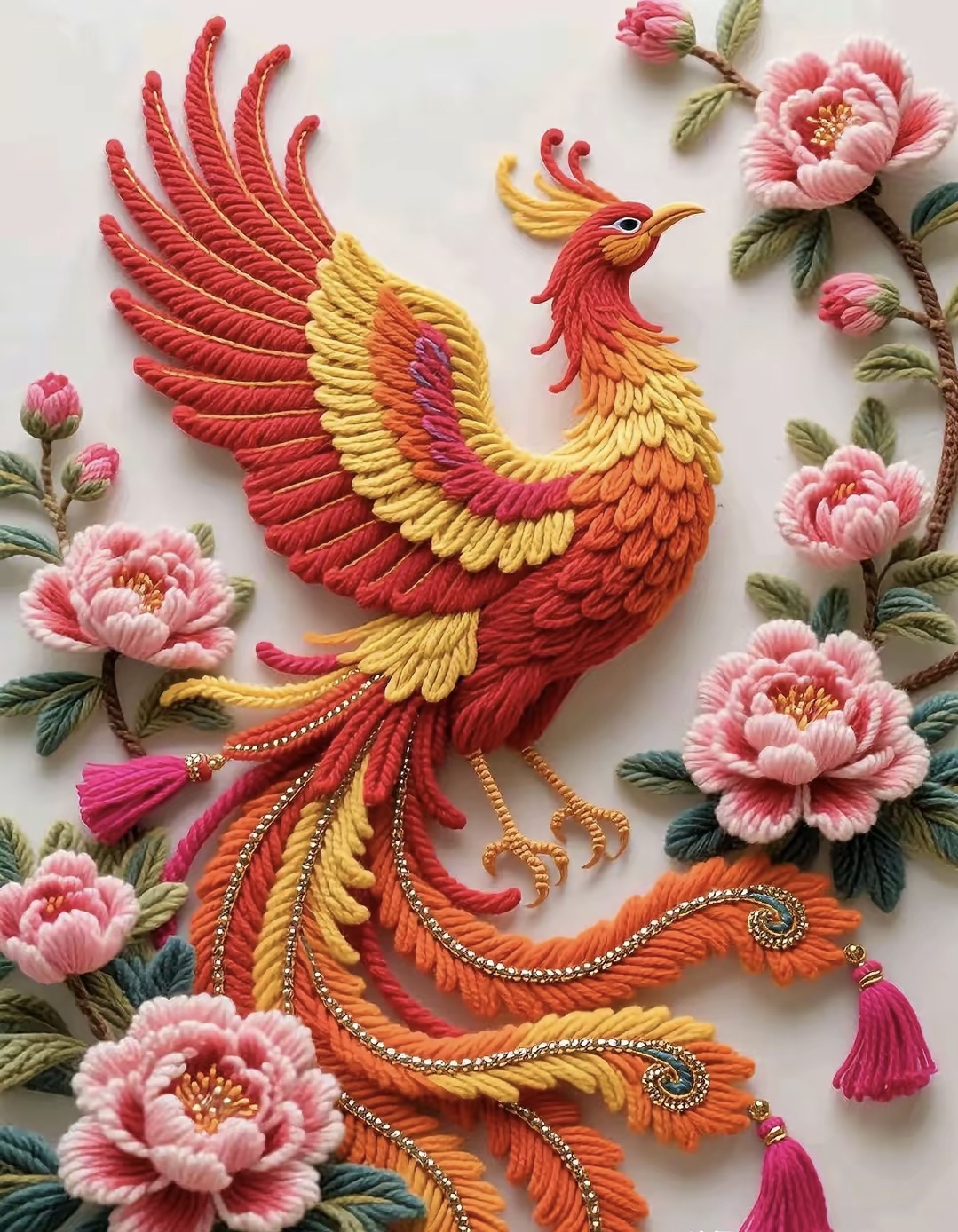 以毛线钩织刺绣的凤凰牡丹图,凤凰羽翼灵动,尾羽飞扬,于光影中翩然