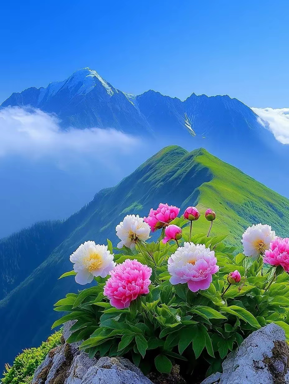 云端之上,牡丹悠然绽放,粉白花瓣氤氲着朦胧云霭,宛如仙子霓裳