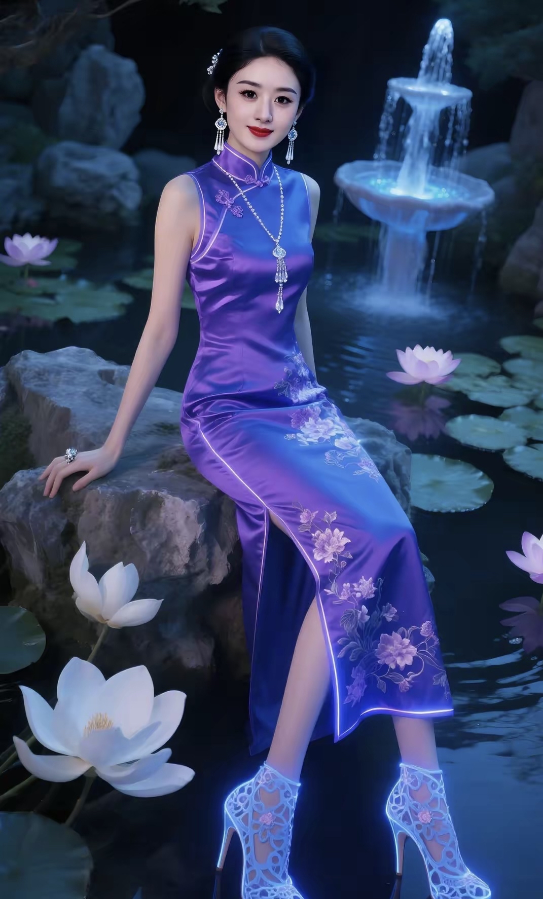 赵丽颖身着新颖旗袍,精致盘扣勾勒婀娜身姿,刺绣纹样灵动鲜活,改良
