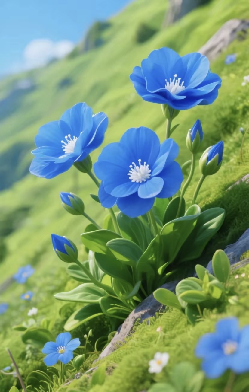 山坡上,蓝色小野花肆意盛放,花瓣层层舒展堆叠,那鲜亮色彩恰似天然蓝