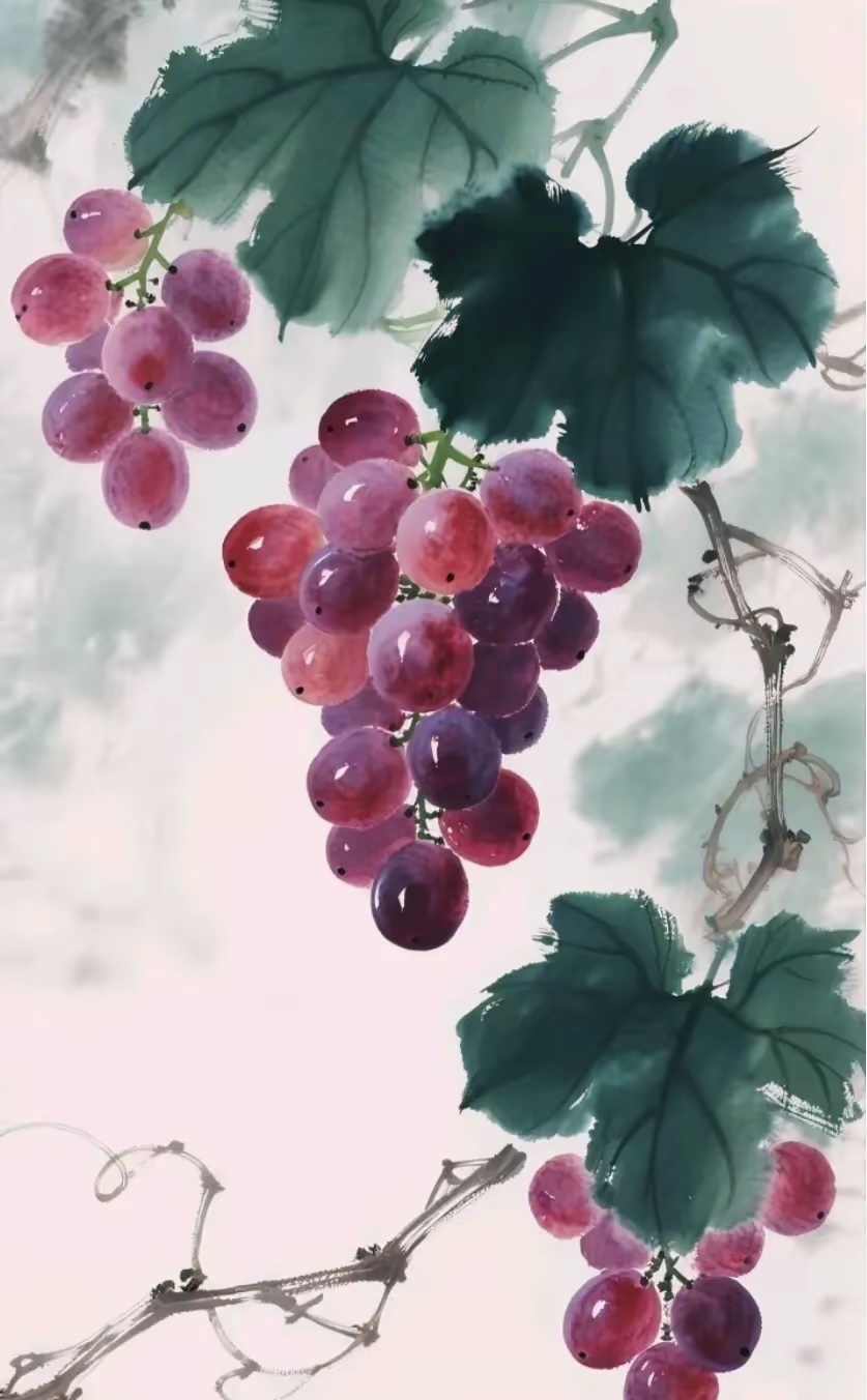 水墨画卷中,葡萄藤蔓肆意舒展,墨色绿叶浓淡相宜,韵味十足