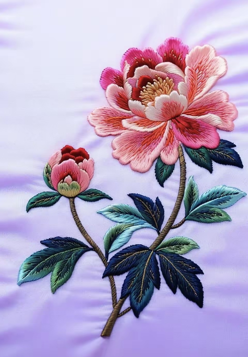 色泽渐变自然,花瓣层次分明,仿佛施以魔法,让牡丹从丝线间蓬勃绽放