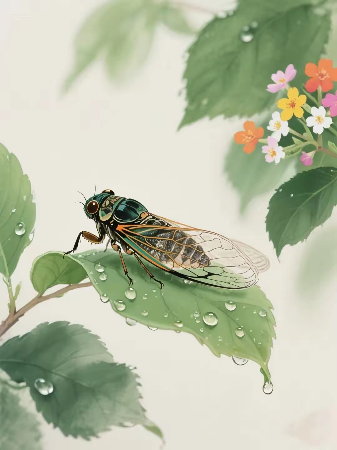 这幅水墨画以蝉与露珠为主题,营造出宁静清新的氛围