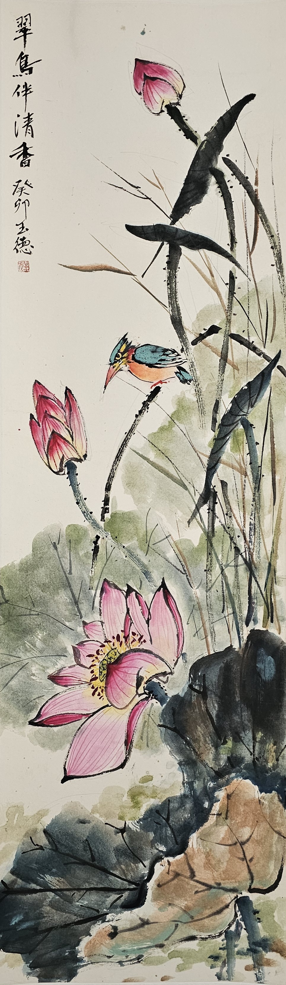 《翠羽轻舞荷,花香满湖畔》荷花翠鸟国画小写意作品